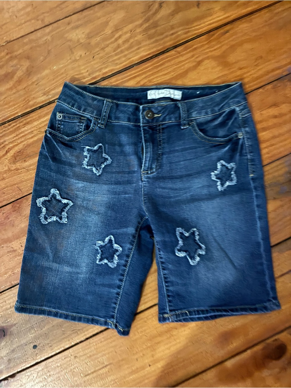 Dark Blue Star Appliqué Denim Bermuda Shorts